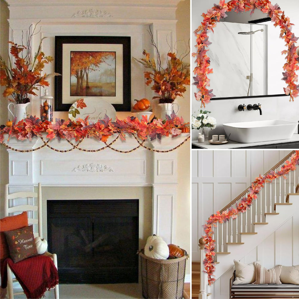 Autumn leaf garlands draped over a fireplace mantel, around a bathroom mirror, and on a staircase railing.
