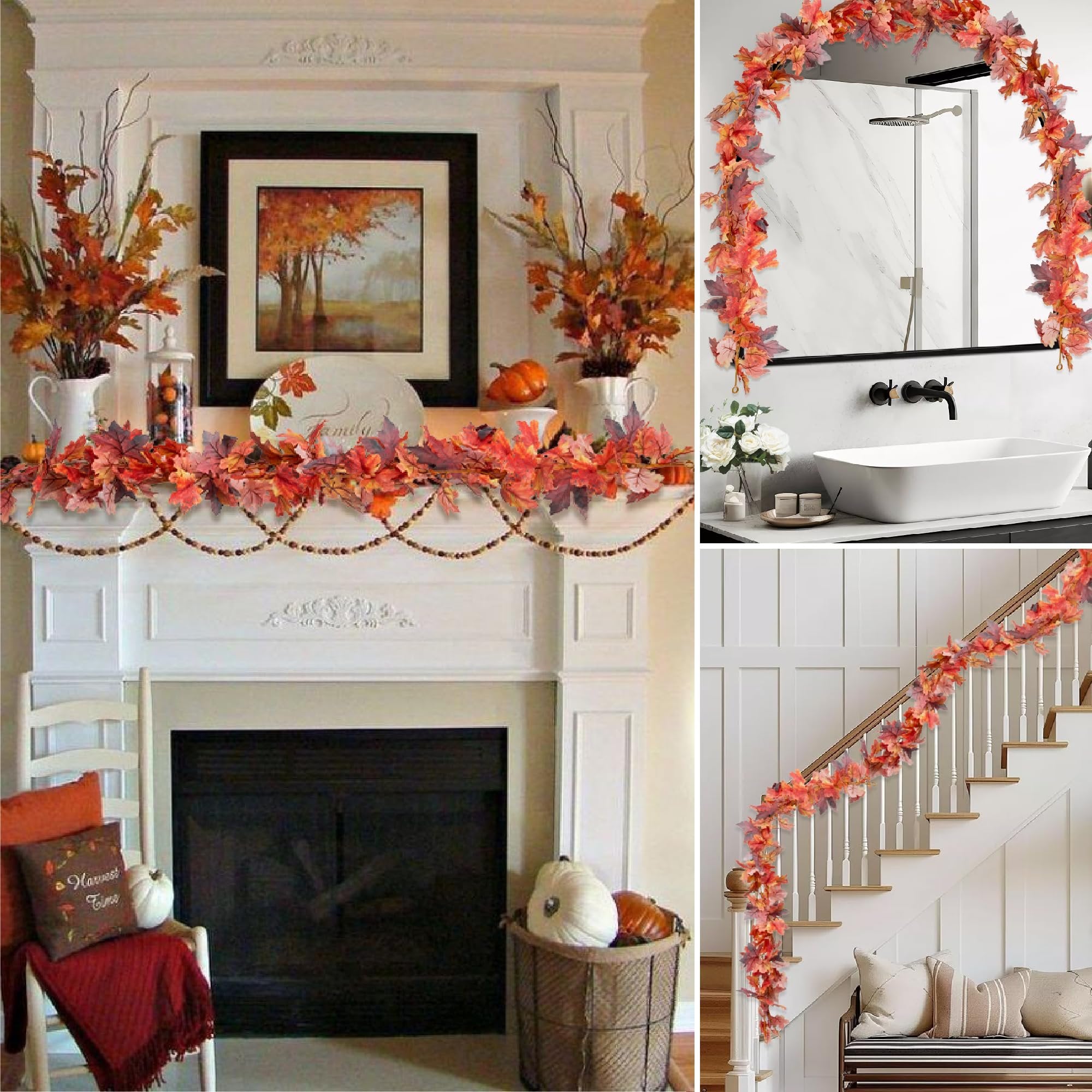 Autumn leaf garlands draped over a fireplace mantel, around a bathroom mirror, and on a staircase railing.
