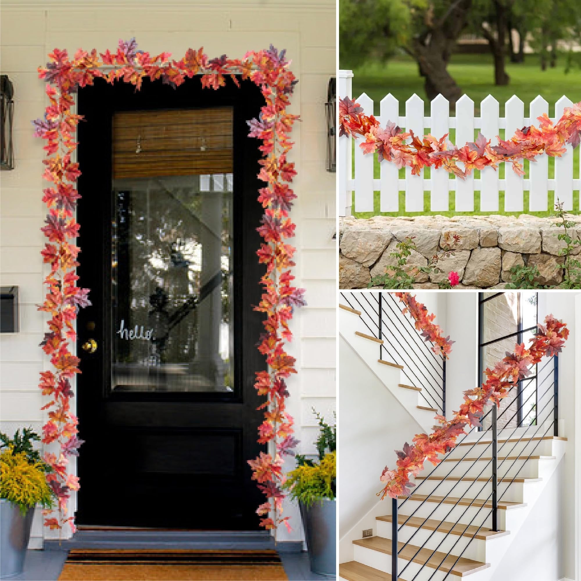 Autumn leaf garland draped around a front door, along a white picket fence, and on a staircase.