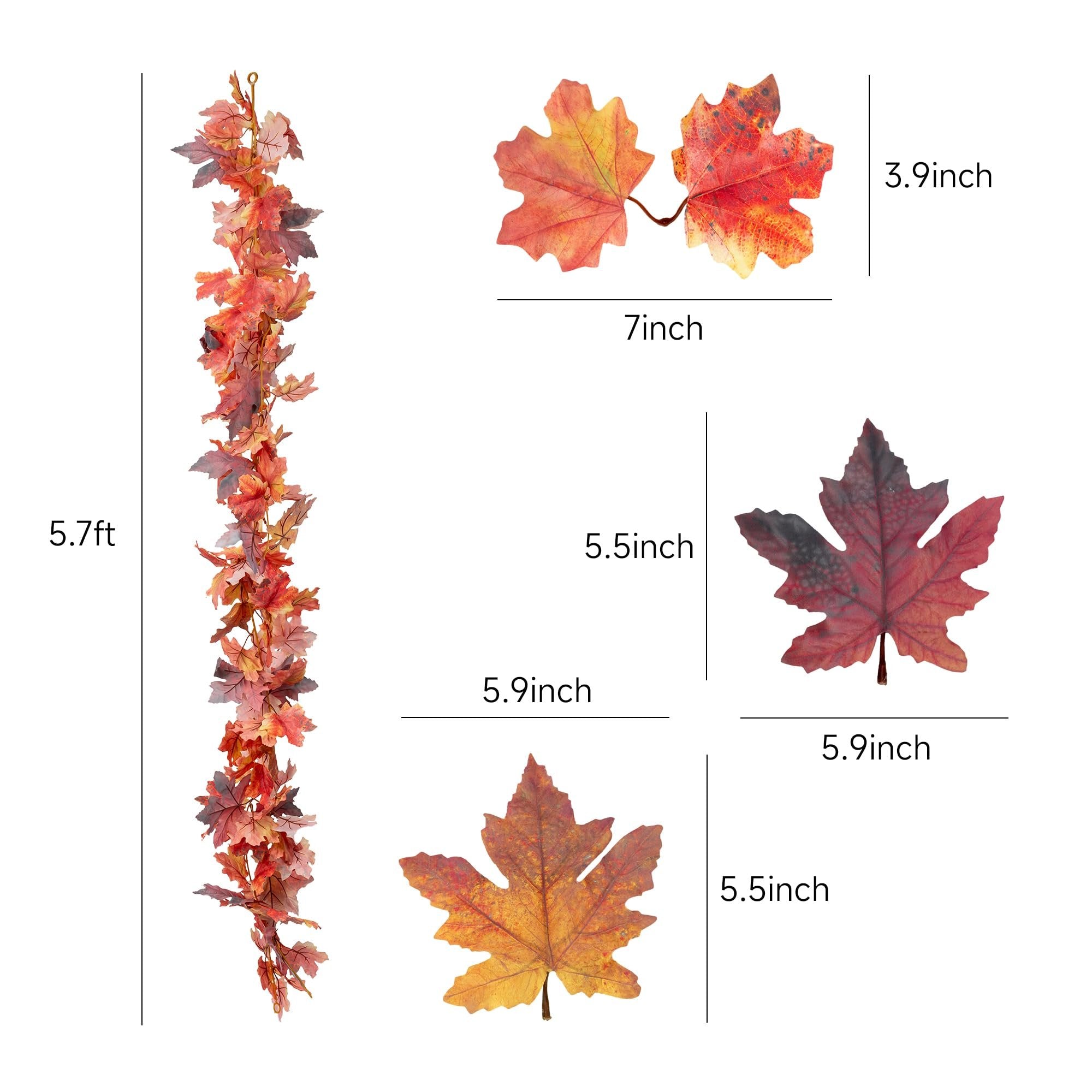 Artificial fall leaf garland and individual maple leaves with size dimensions indicated.