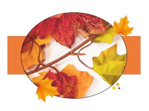 Artificial fall maple leaves garland with orange and yellow hues, arranged in an oval frame with an orange banner.