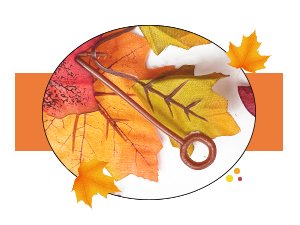 Artificial fall maple leaves and a brown plastic clip on a white background with orange graphic elements.