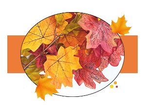 Artificial maple leaf garland in fall colors, close-up view with decorative orange banner and small leaf accents.