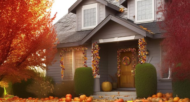Front porch decorated for autumn with maple leaf garlands and pumpkins