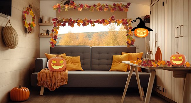 Autumnal living room decorated with maple leaf garlands and jack-o'-lanterns