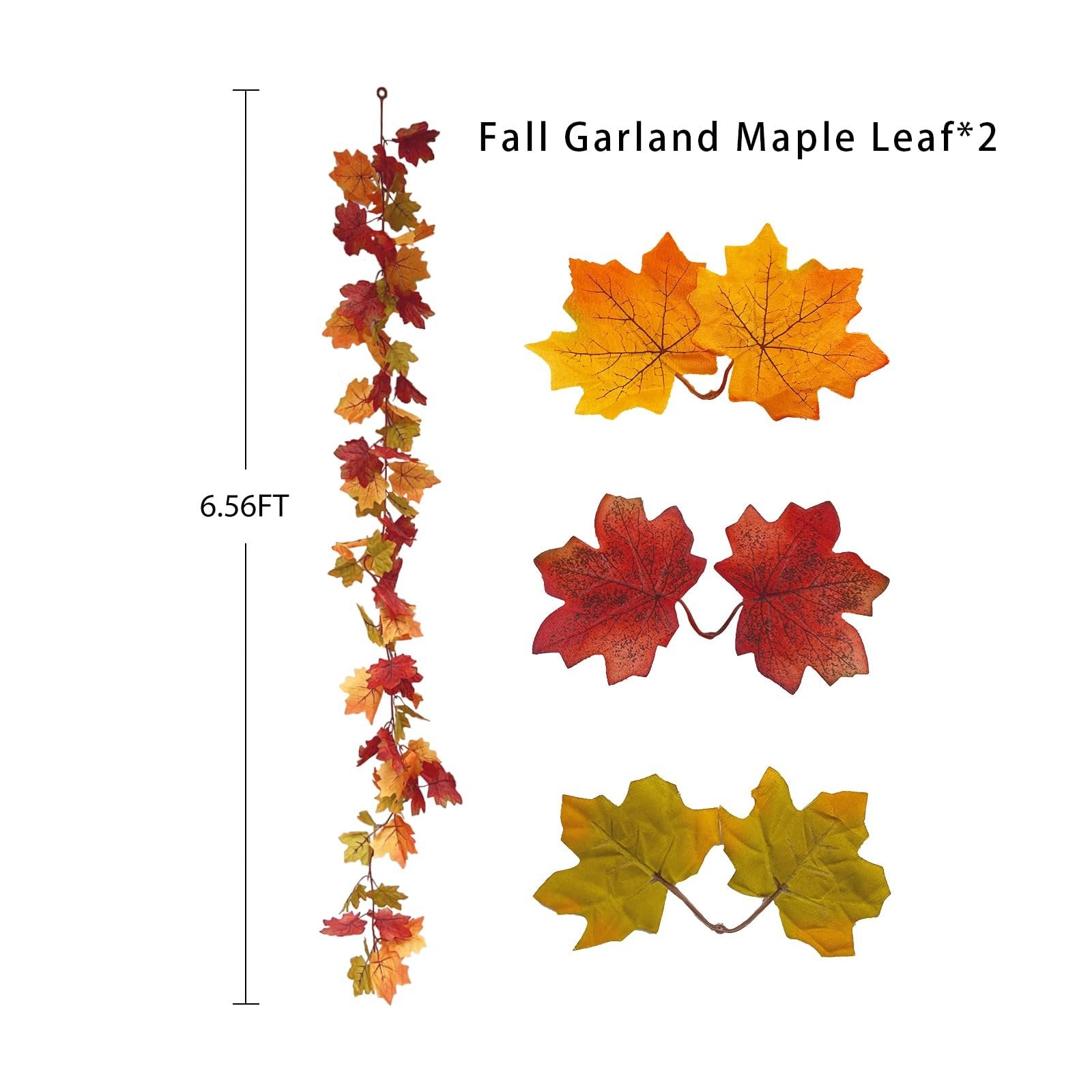 Artificial fall maple leaf garland with three close-up views of leaf clusters in yellow, red, and green hues.