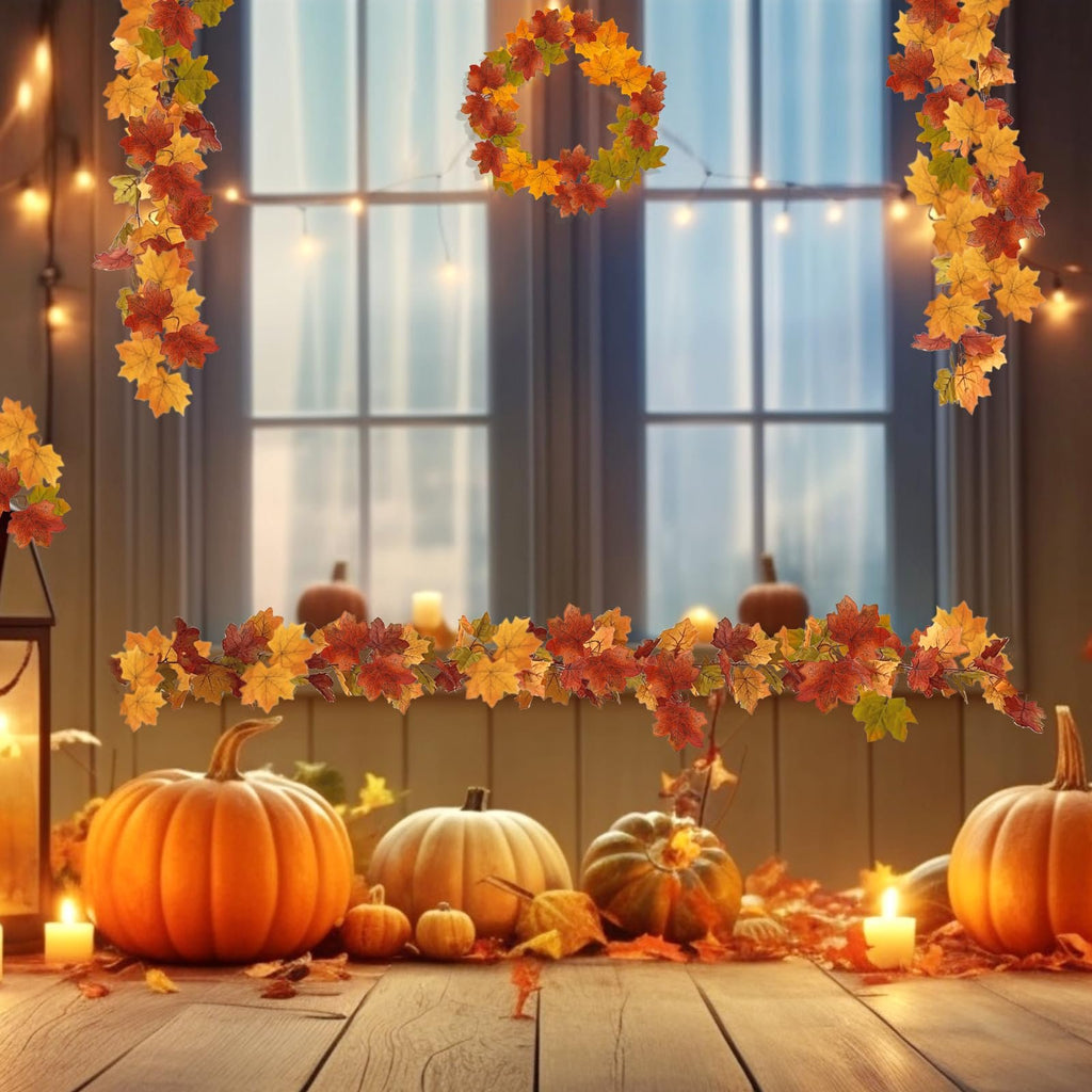 Autumnal scene with pumpkins, candles, and string lights, featuring artificial maple leaf garlands and a wreath.