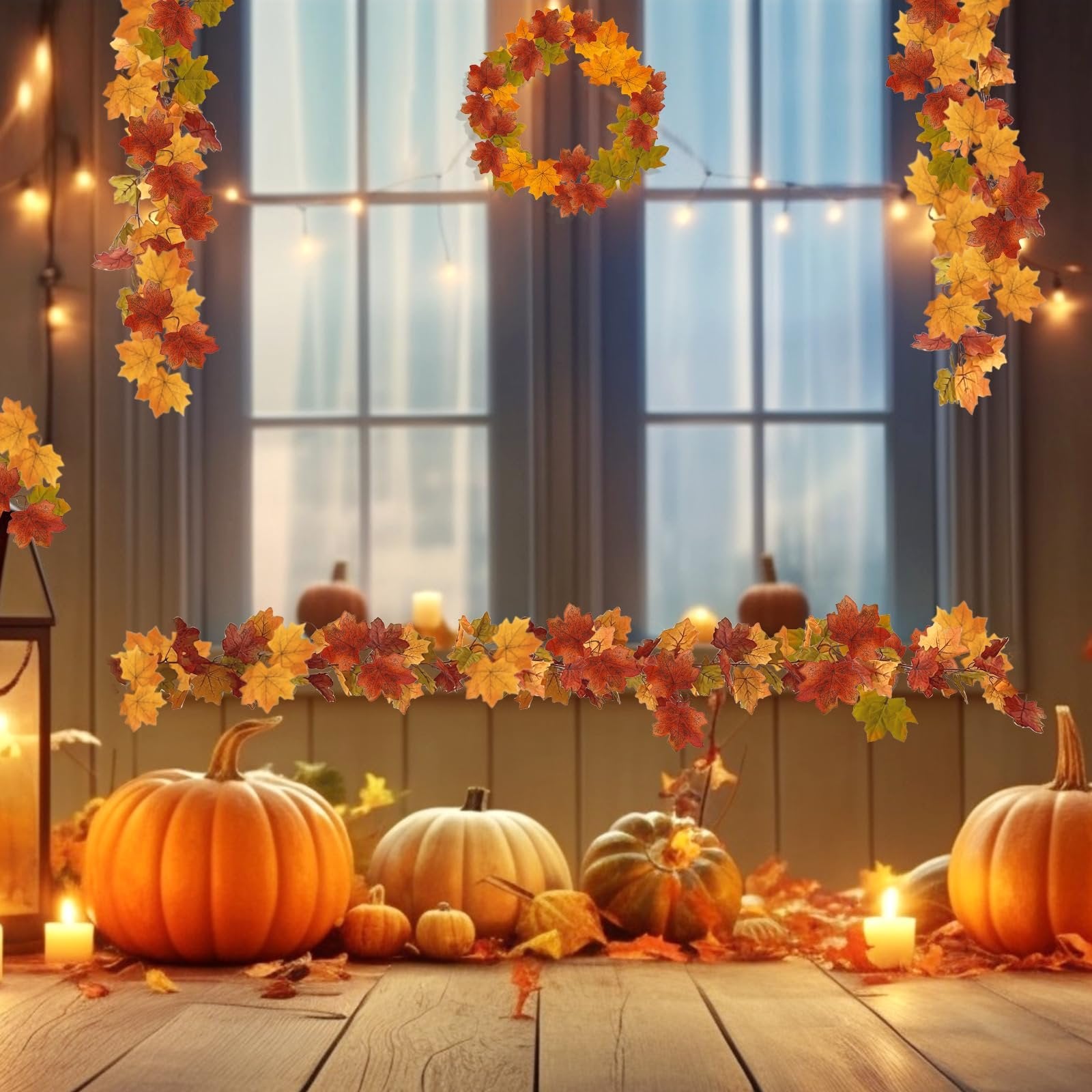 Autumnal scene with pumpkins, candles, and string lights, featuring artificial maple leaf garlands and a wreath.