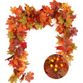 Autumn maple leaf garland with red and yellow berries, shown draped and with a close-up inset of berries.