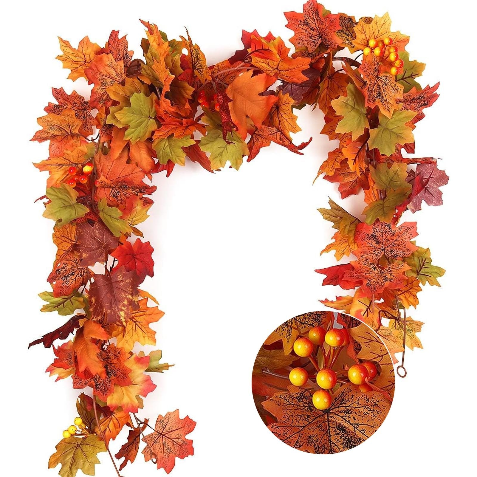 Autumn maple leaf garland with red and yellow berries, shown draped and with a close-up inset of berries.