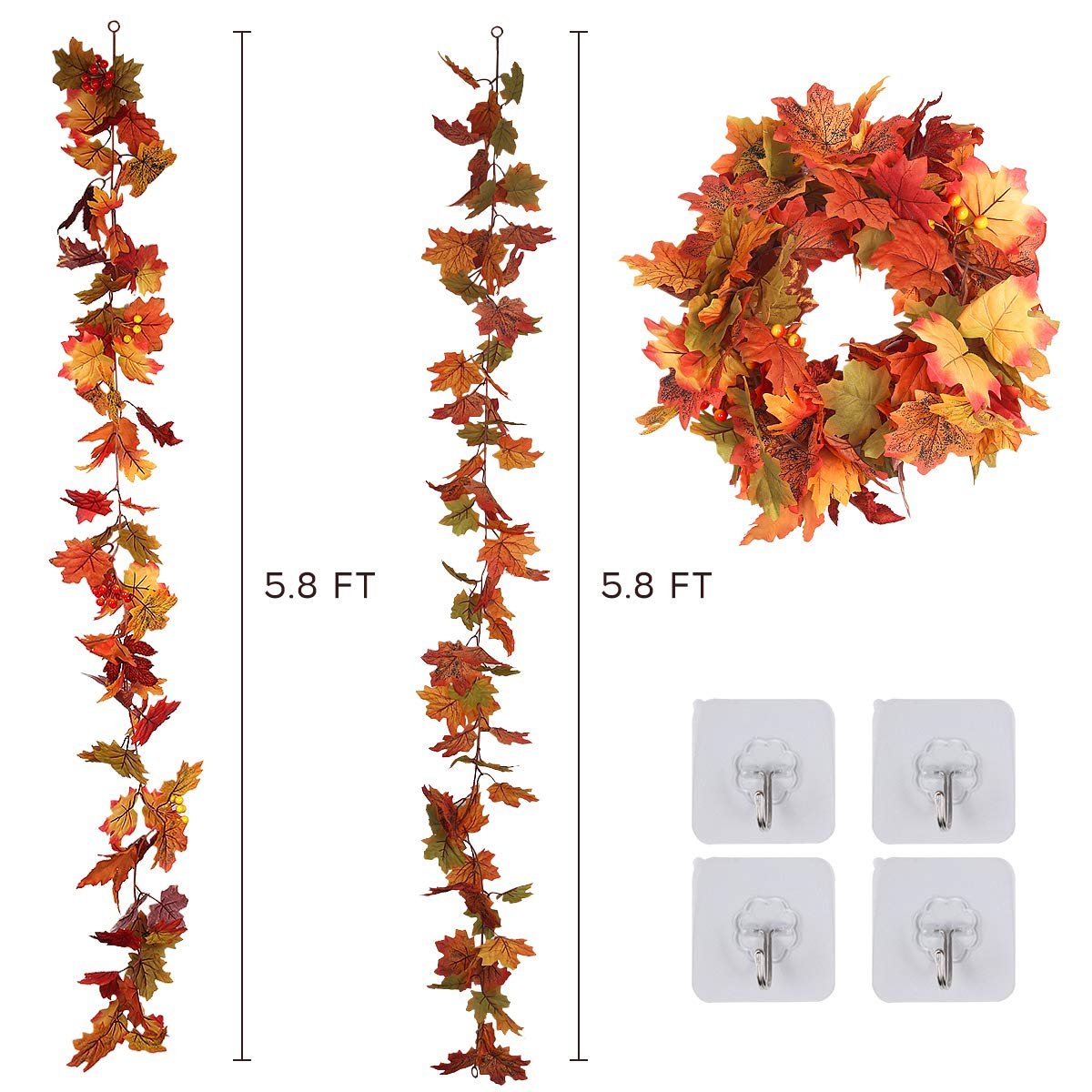 Two fall maple leaf garlands and one wreath with four adhesive hooks. Garlands measure 5.8 ft each.