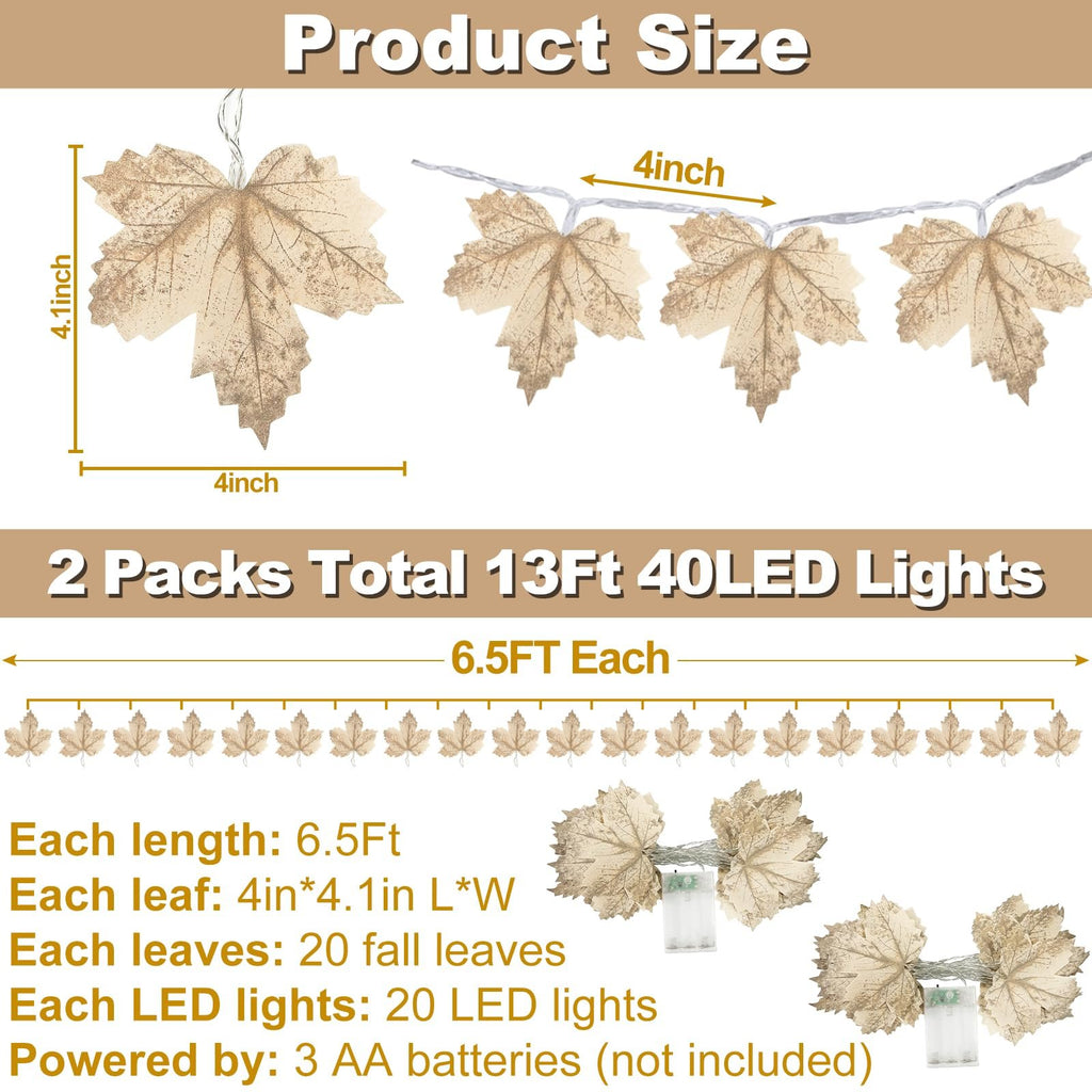 Two strings of artificial maple leaf garland lights, showing dimensions and specifications.