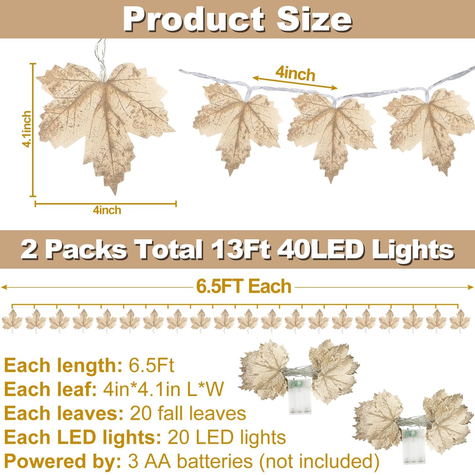 Two strings of artificial maple leaf garland lights, showing dimensions and specifications.