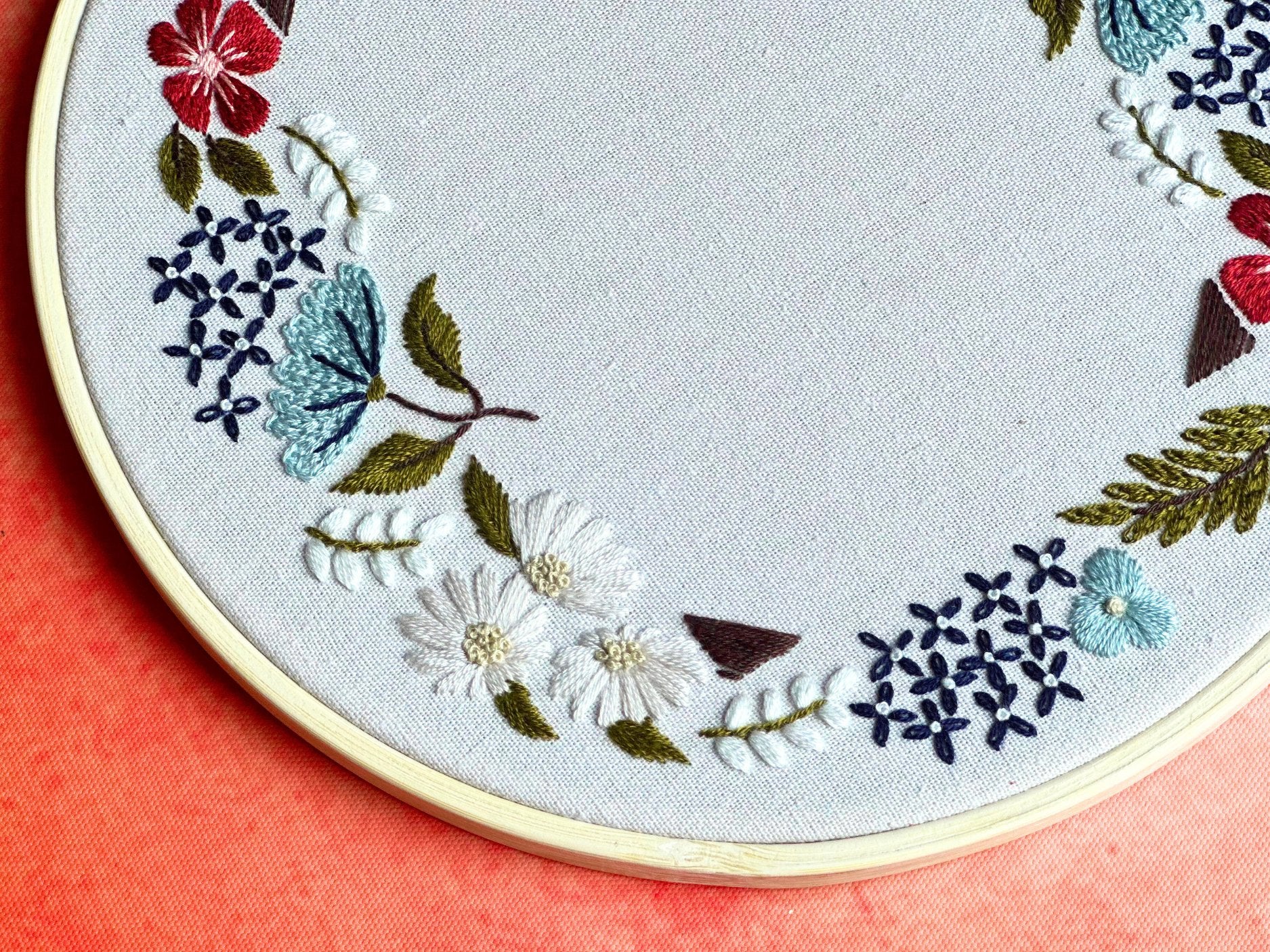 Embroidery hoop with floral pattern in progress, featuring red, white, blue, and green stitching on white fabric.