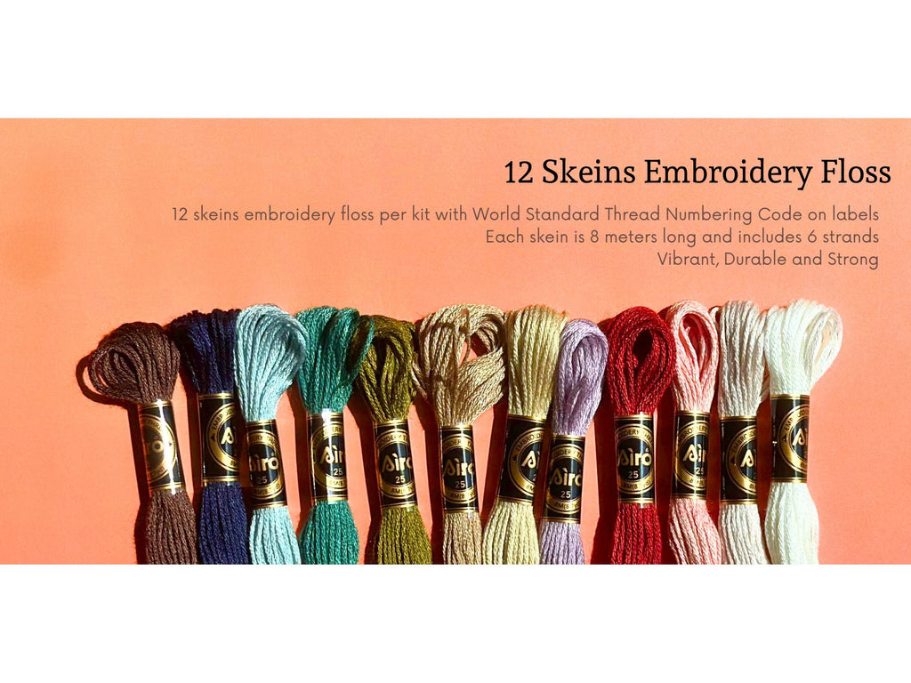 Ten skeins of embroidery floss in various colors arranged in a row on an orange background.