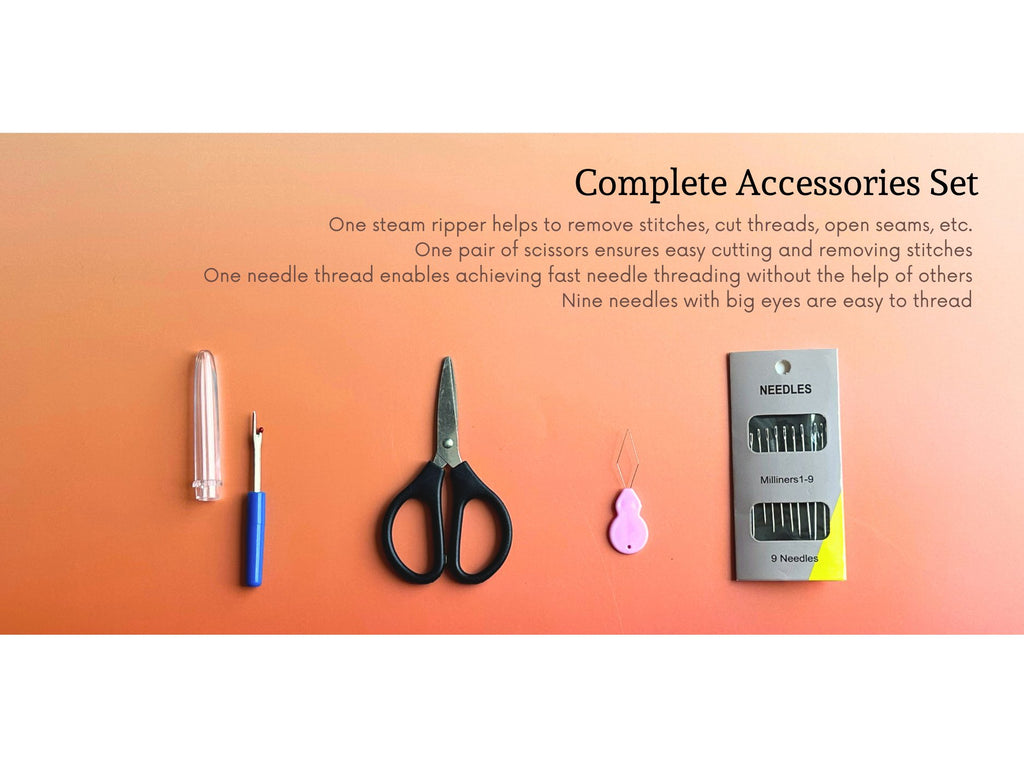 Embroidery kit accessories including a seam ripper, scissors, needle threader, and a pack of needles on an orange background.