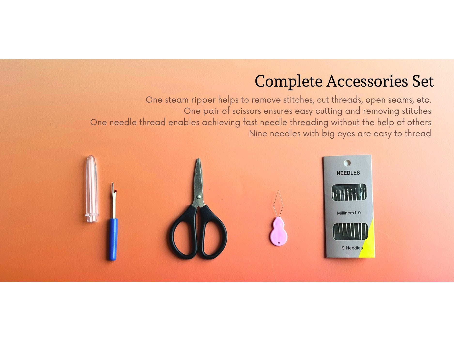 Embroidery kit accessories including a seam ripper, scissors, needle threader, and a pack of needles on an orange background.