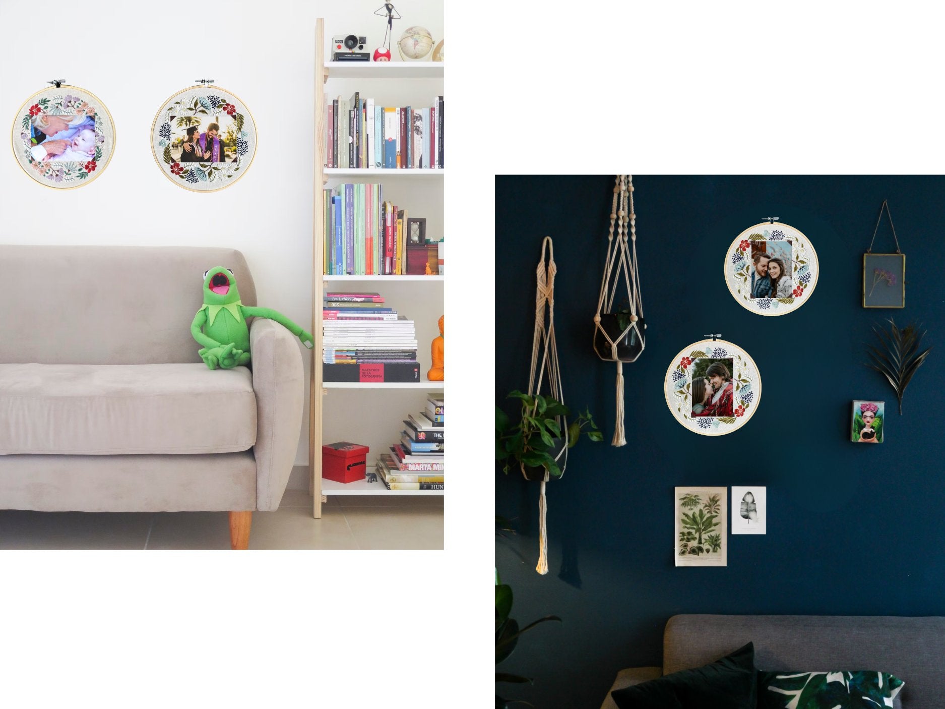 Two floral embroidery photo frames hanging on a wall, one with a baby and hands, the other with a couple.