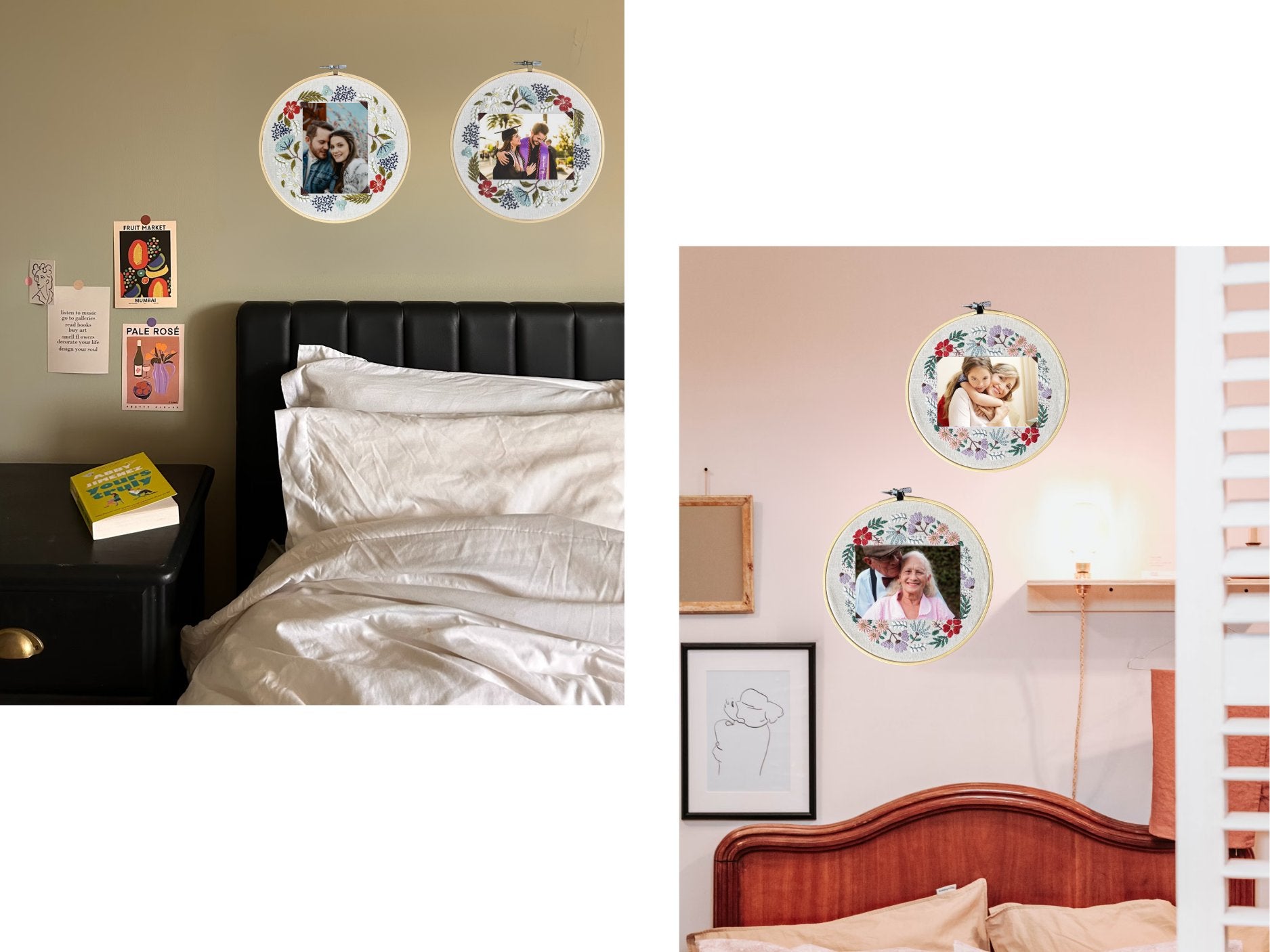 Two floral embroidery photo frames with people inside, hanging on a wall above a bed. One frame shows a couple, the other shows a woman and child.