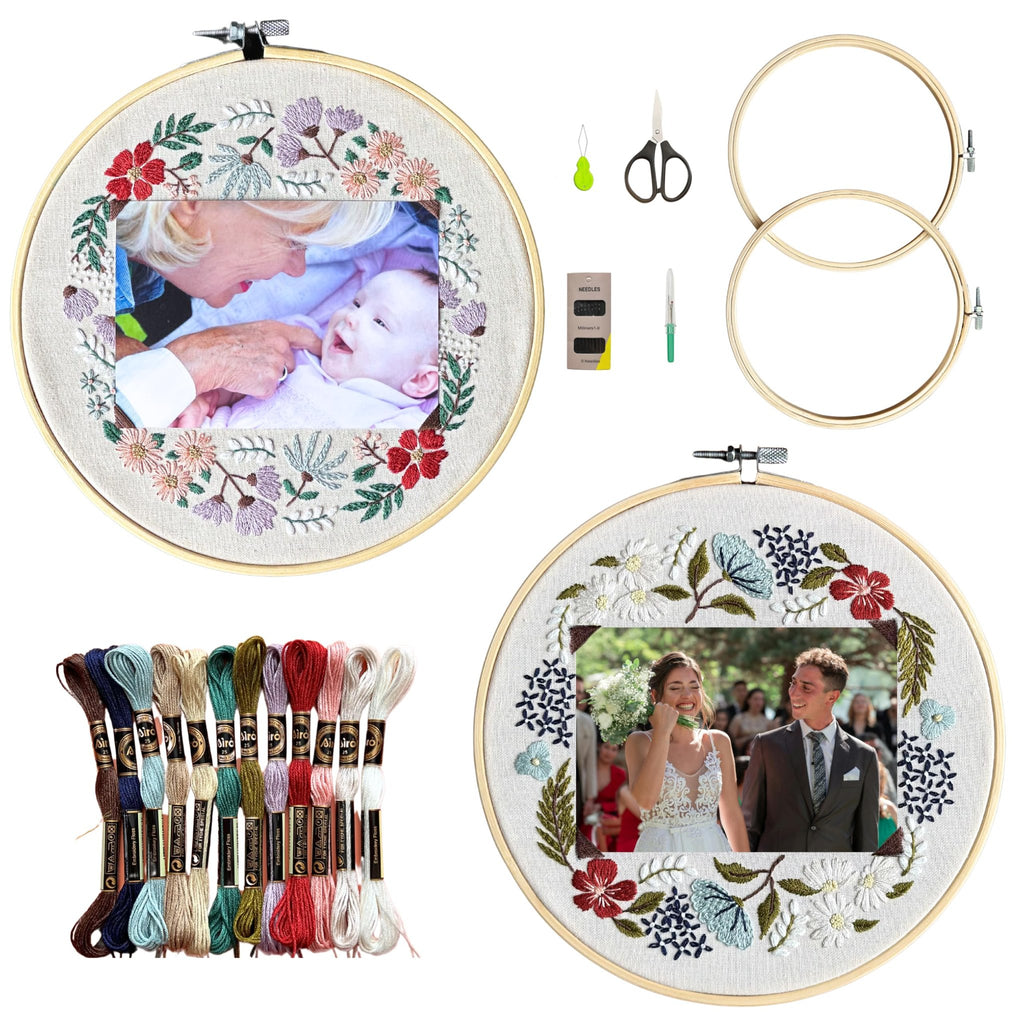 Two floral embroidery photo frame kits with bamboo hoops, embroidery floss, needles, and scissors on a white background.