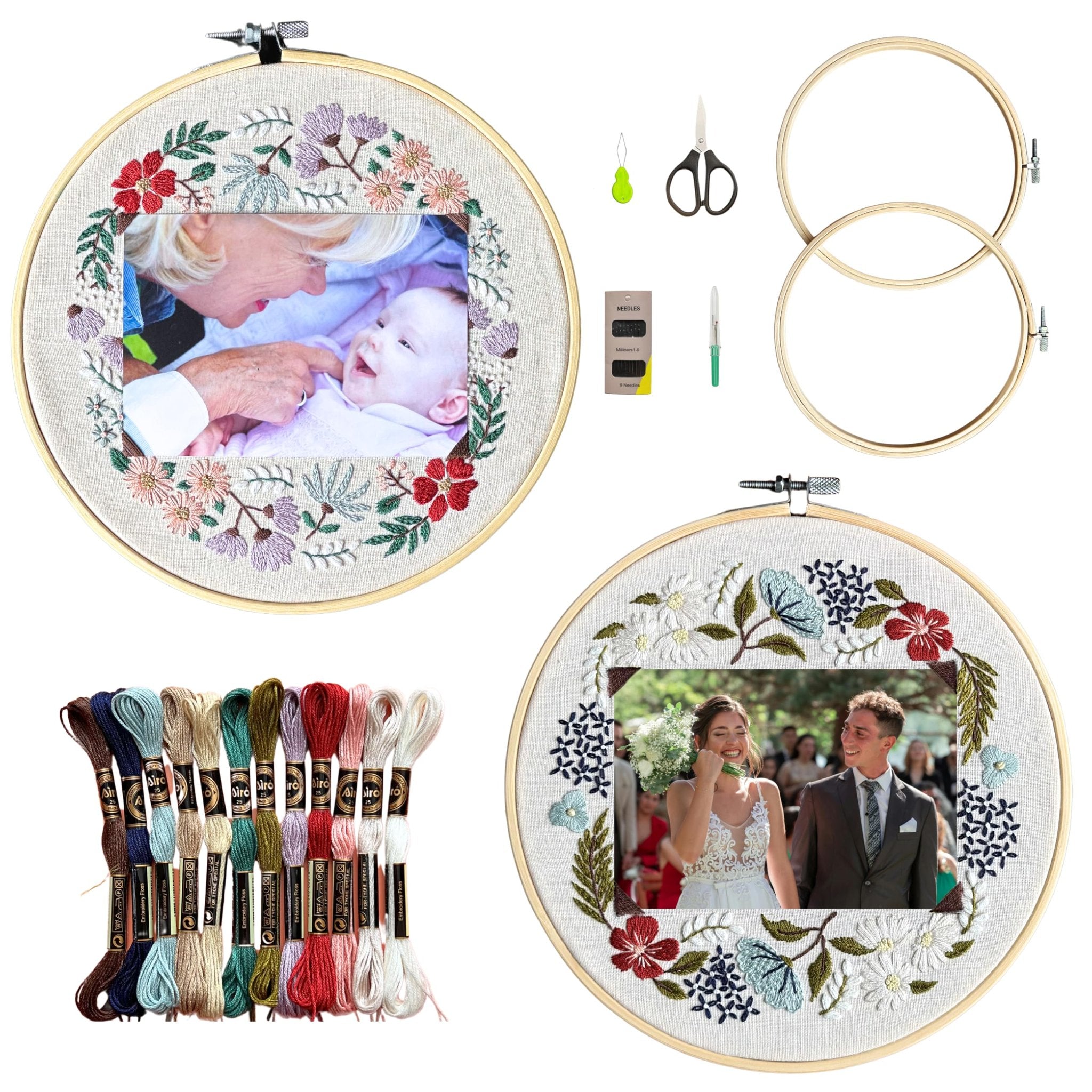 Two floral embroidery photo frame kits with bamboo hoops, embroidery floss, needles, and scissors on a white background.
