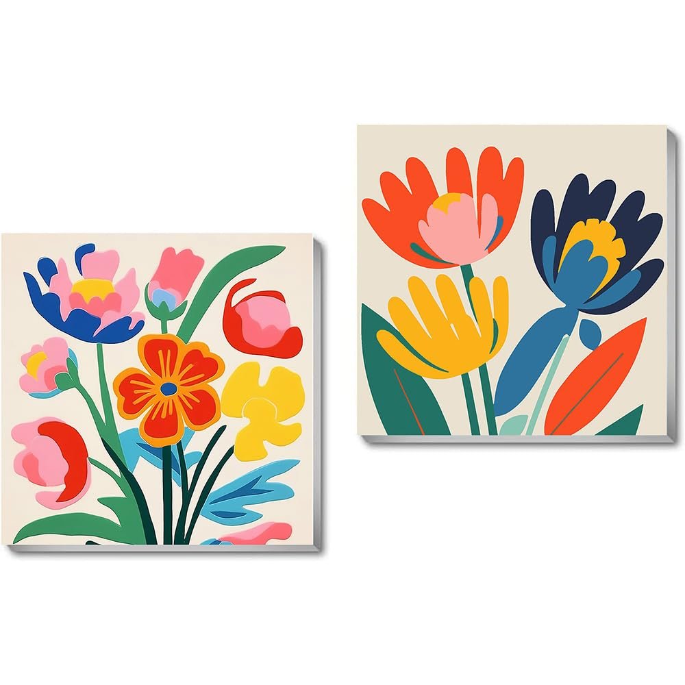 Two framed paint by number canvases with colorful abstract floral designs on a light background.