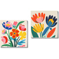 Two framed paint by number canvases with colorful abstract floral designs on a light background.