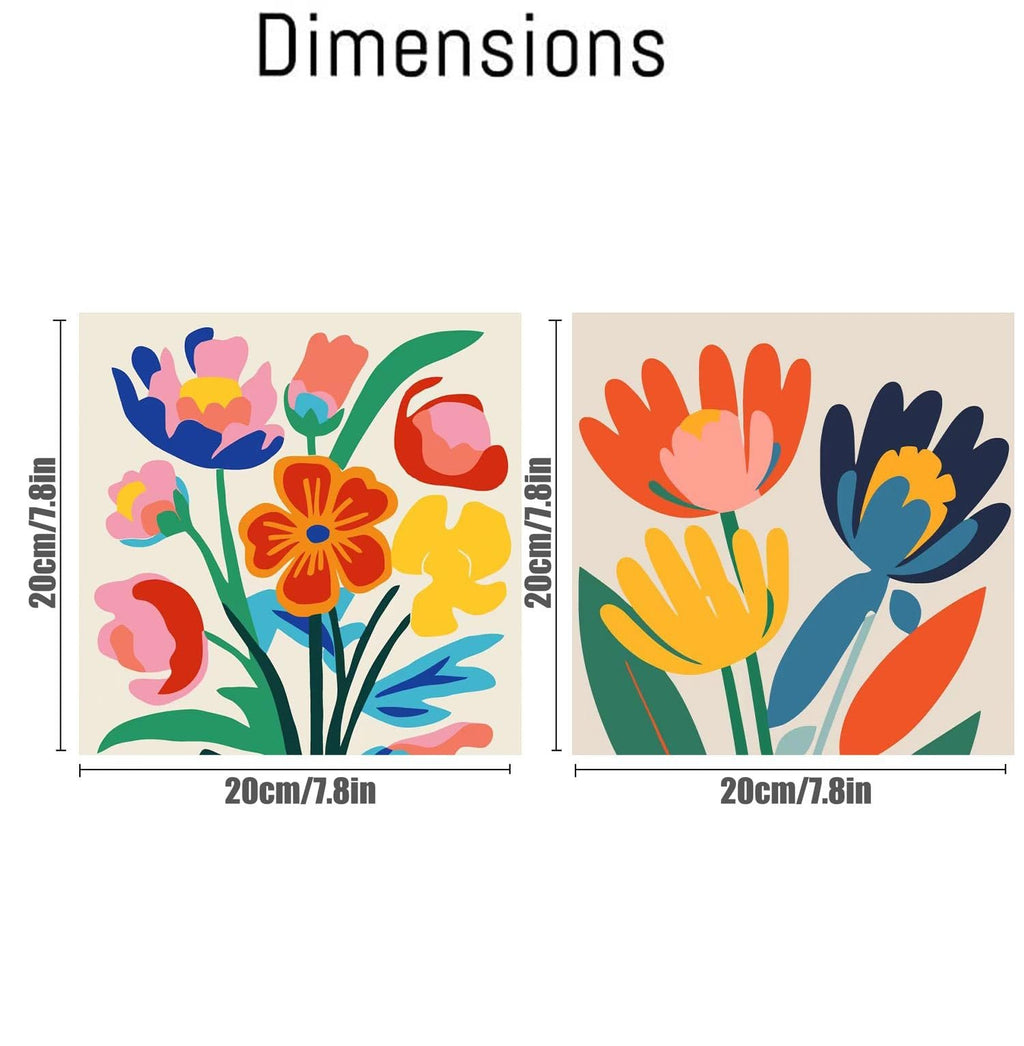 Two framed floral paint by number canvases showing dimensions 20cm/7.8in on each side.