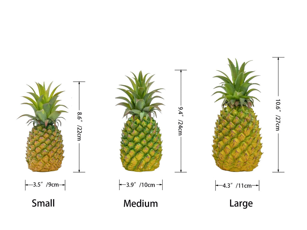 Three artificial pineapples of varying sizes labeled Small, Medium, and Large, with dimension callouts.