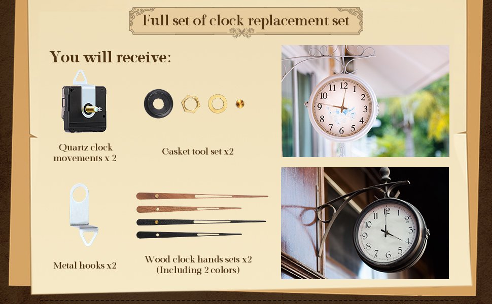 Clock replacement parts including quartz movements, gasket tool set, metal hooks, and wood clock hands, with lifestyle images of hanging clocks.