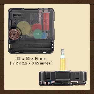 Clock movement mechanism with gears and battery compartment, shown from top and side, with dimensions.