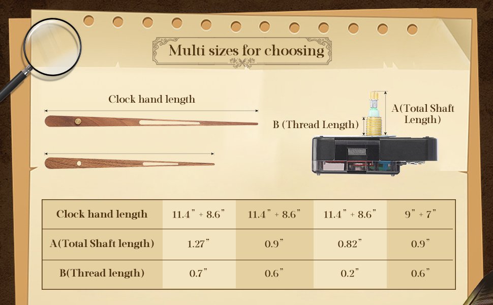 Clock movement and walnut wood hands with size chart showing dimensions for shaft length and thread length.