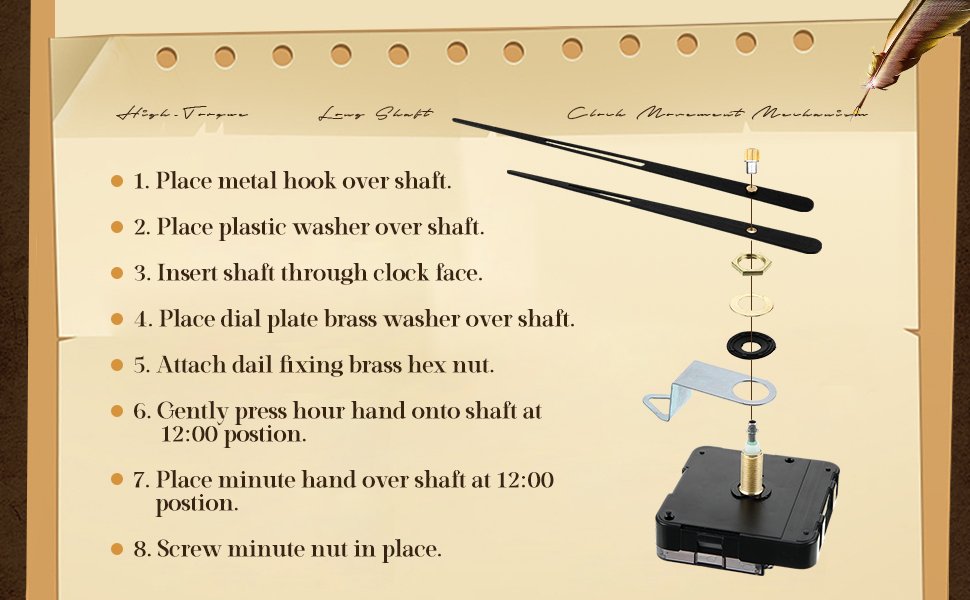Clock movement mechanism with hands and hardware, showing assembly steps with numbered instructions.