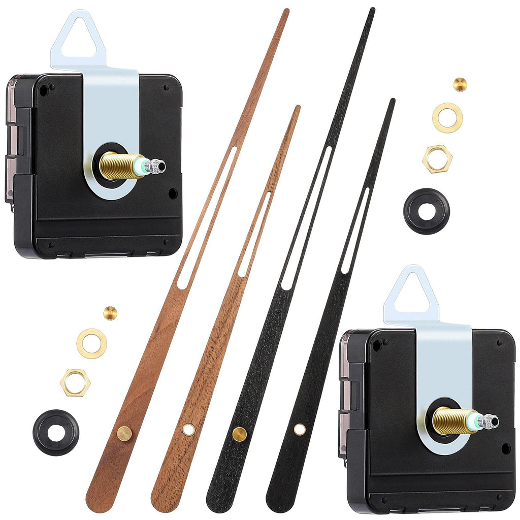 Two high torque clock movements with walnut wood and black clock hands, plus hardware, arranged on a white background.