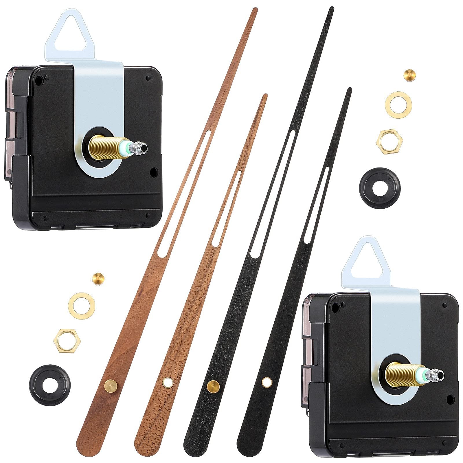 Two high torque clock movements with walnut wood and black clock hands, plus hardware, arranged on a white background.