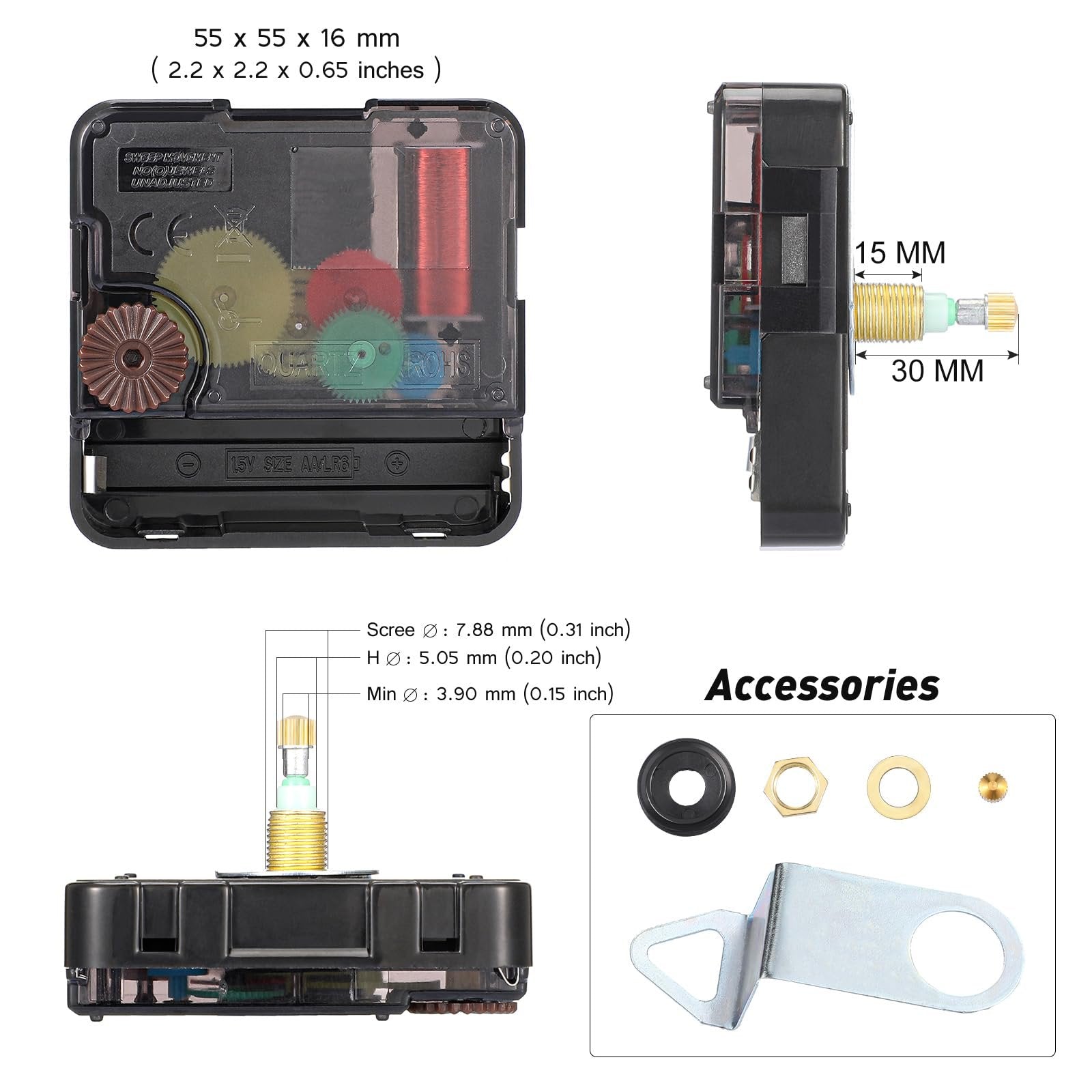 Clock movement with dimensions and accessories shown, including gears, battery compartment, and mounting hardware.