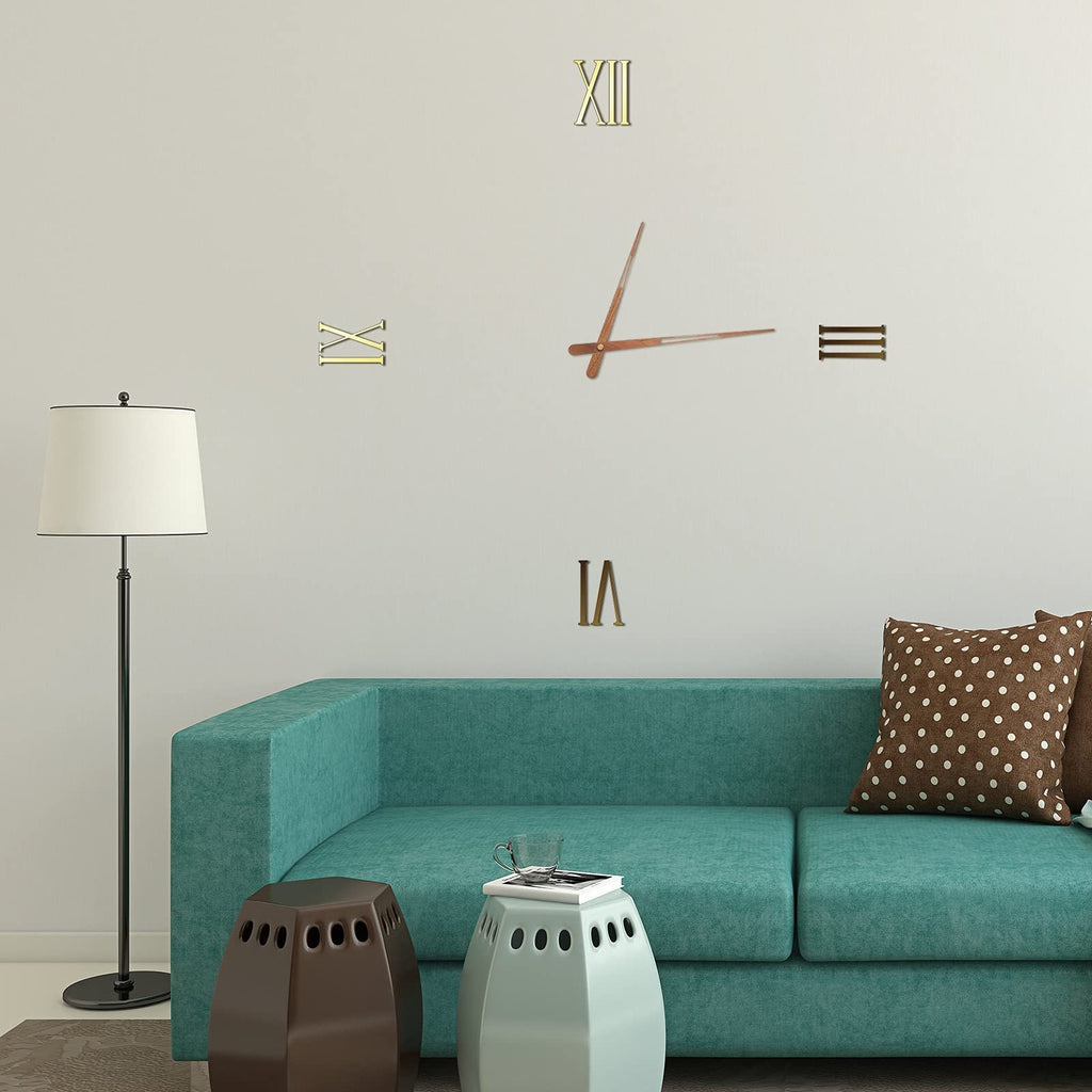Large wall clock with gold Roman numerals and wood hands on a wall above a teal sofa