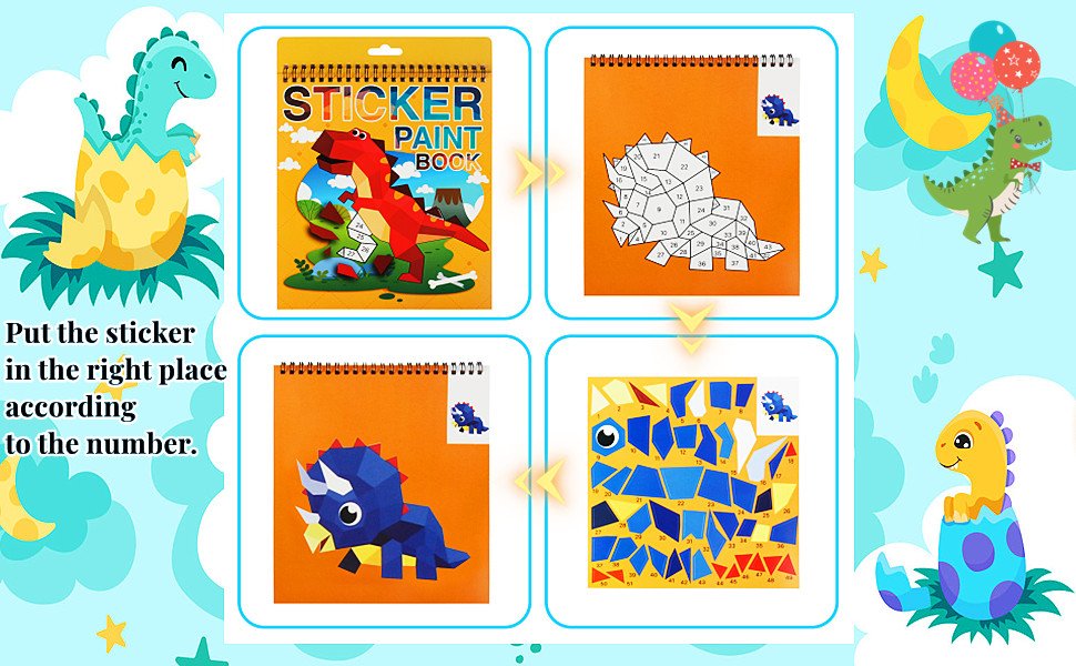 Four panels showing steps for a dinosaur sticker paint book activity. Includes cover, numbered outline, sticker sheet, and completed sticker art.