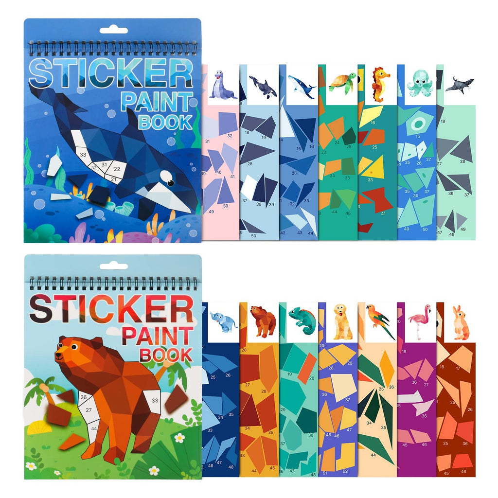 Two spiral-bound sticker paint books open, showing animal and ocean scenes with numbered sections for stickers.