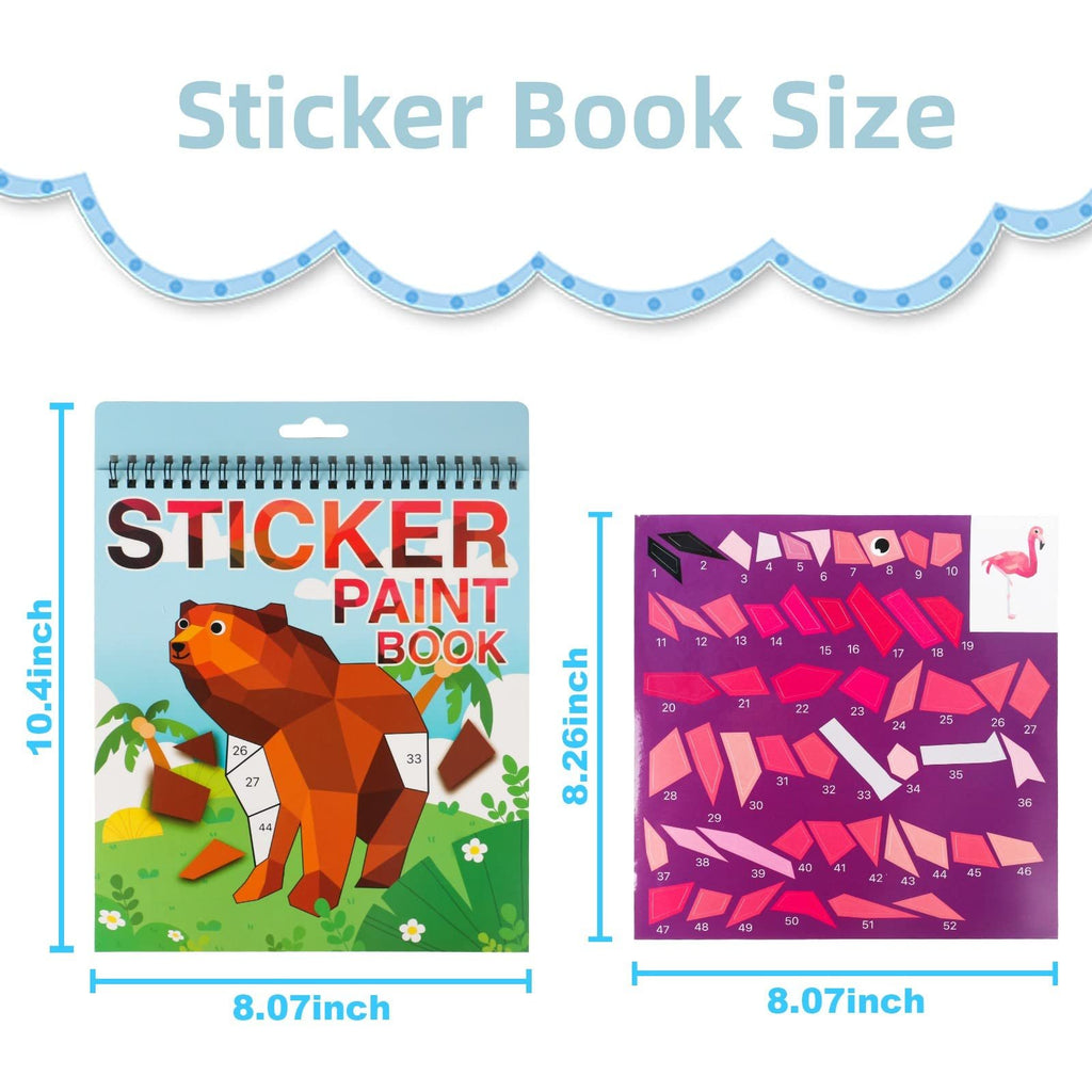 Paint by Number Sticker Book showing a bear and sticker sheets with numbered pieces. Dimensions are displayed.