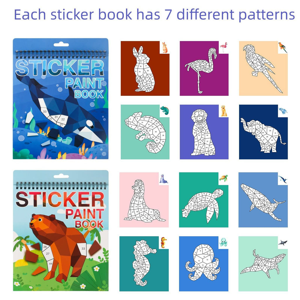 Two sticker paint books with various animal and ocean patterns displayed, showing cover art and interior numbered designs.