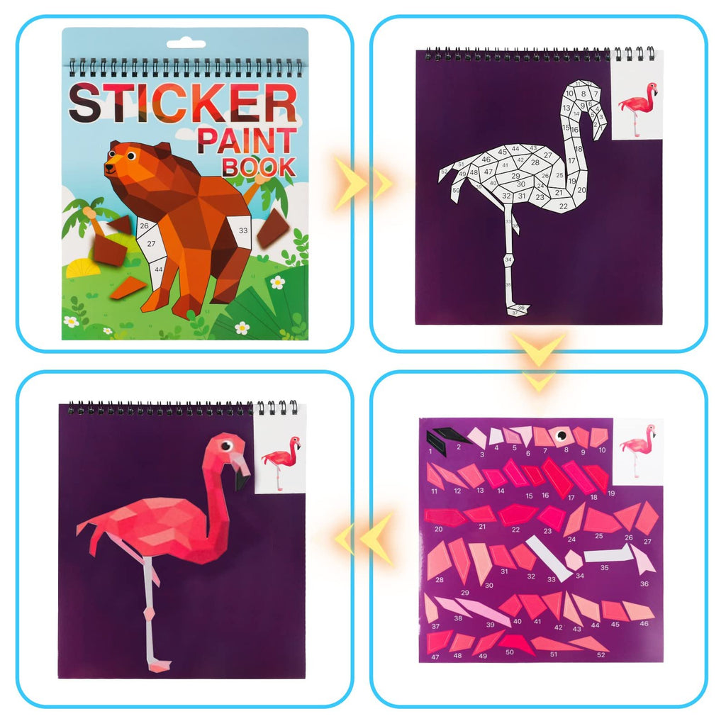 Four panels showing sticker paint by number books with animal and flamingo designs, including completed and in-progress examples.