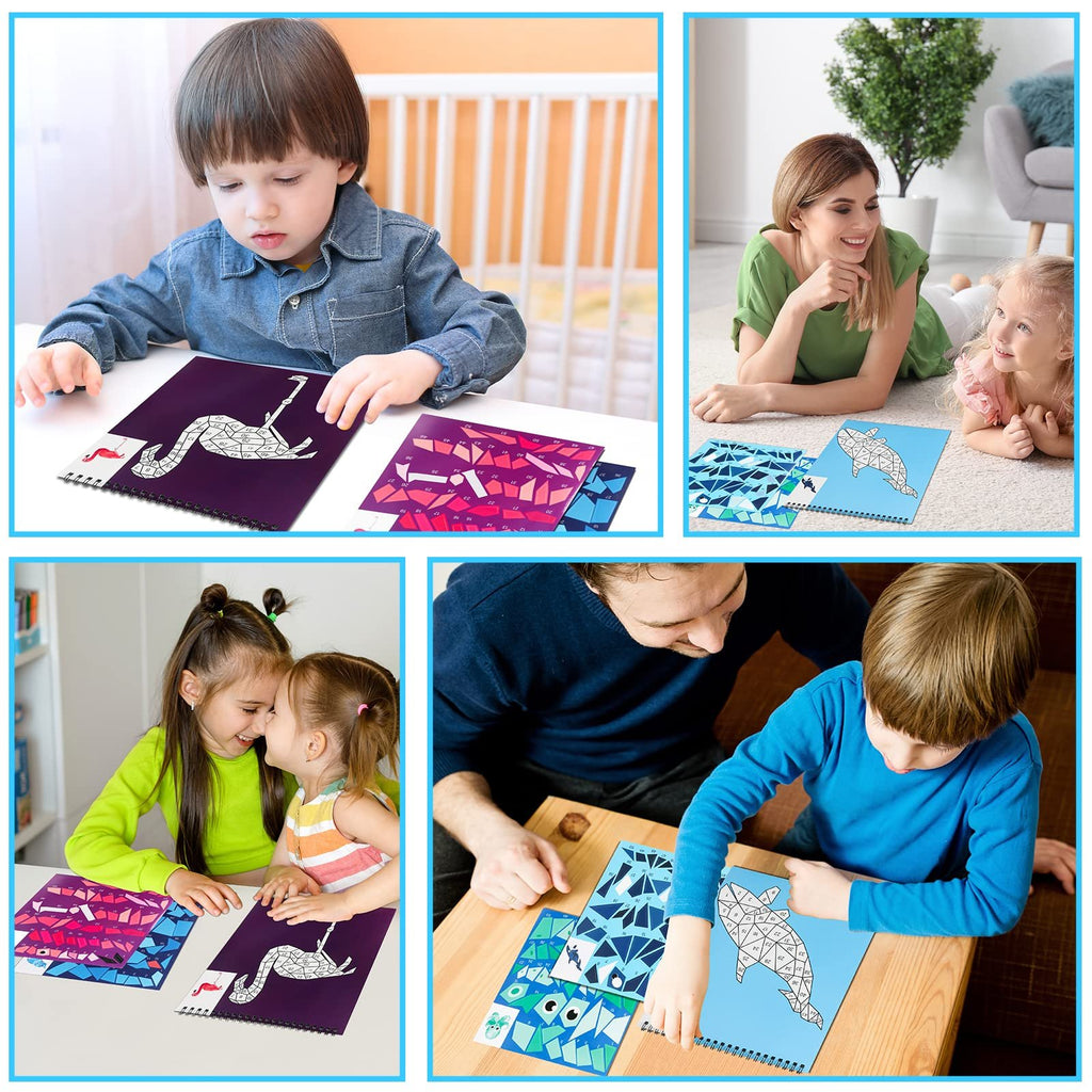 Four scenes of children and adults engaging with paint by number sticker books featuring animals and ocean creatures.