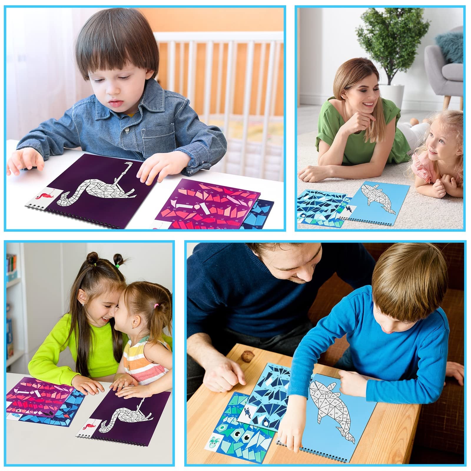Four scenes of children and adults engaging with paint by number sticker books featuring animals and ocean creatures.