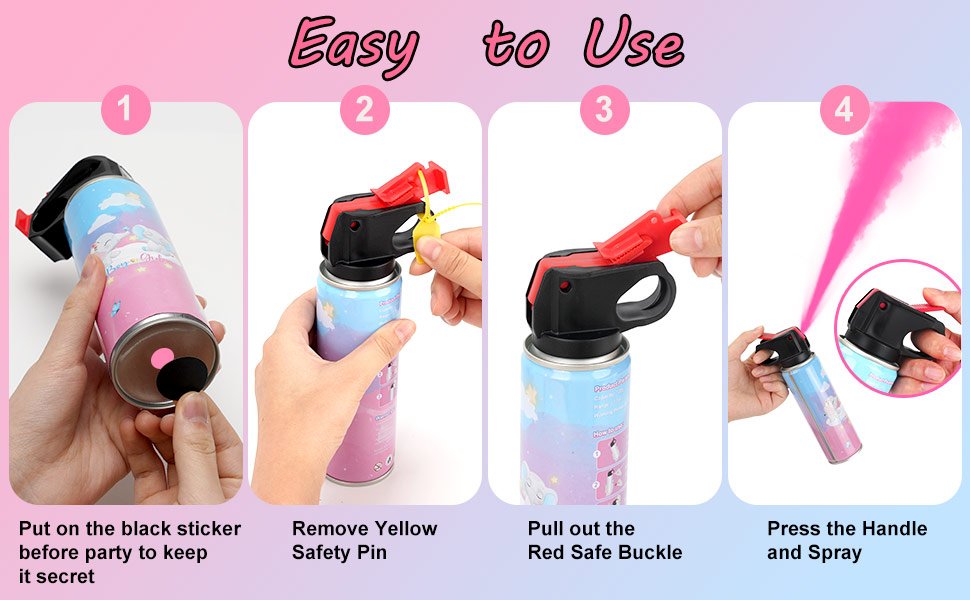 Four-step guide showing how to use a pink gender reveal smoke bomb canister. Step 1: apply black sticker. Step 2: remove safety pin. Step 3: remove red buckle. Step 4: press handle to spray pink smoke.