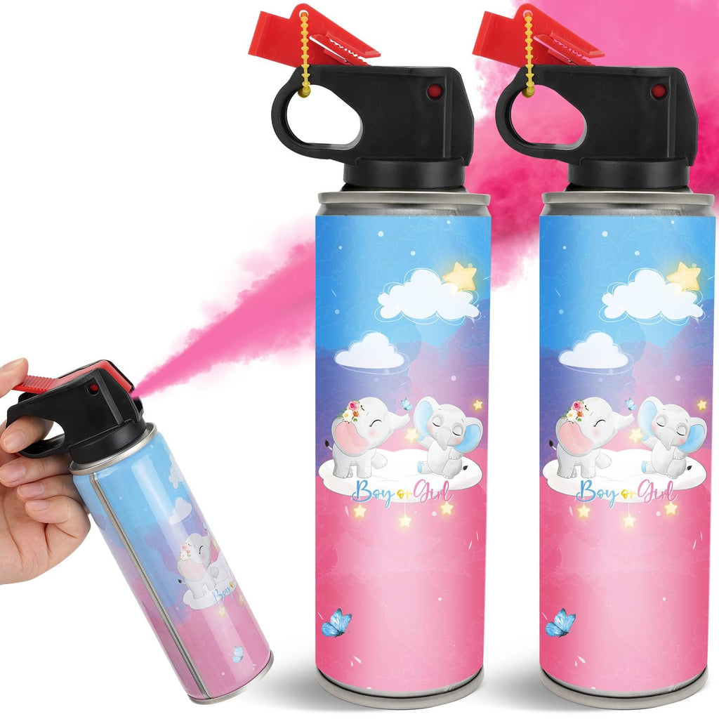 Gender reveal smoke bomb spraying pink powder, with two intact smoke bombs in background.