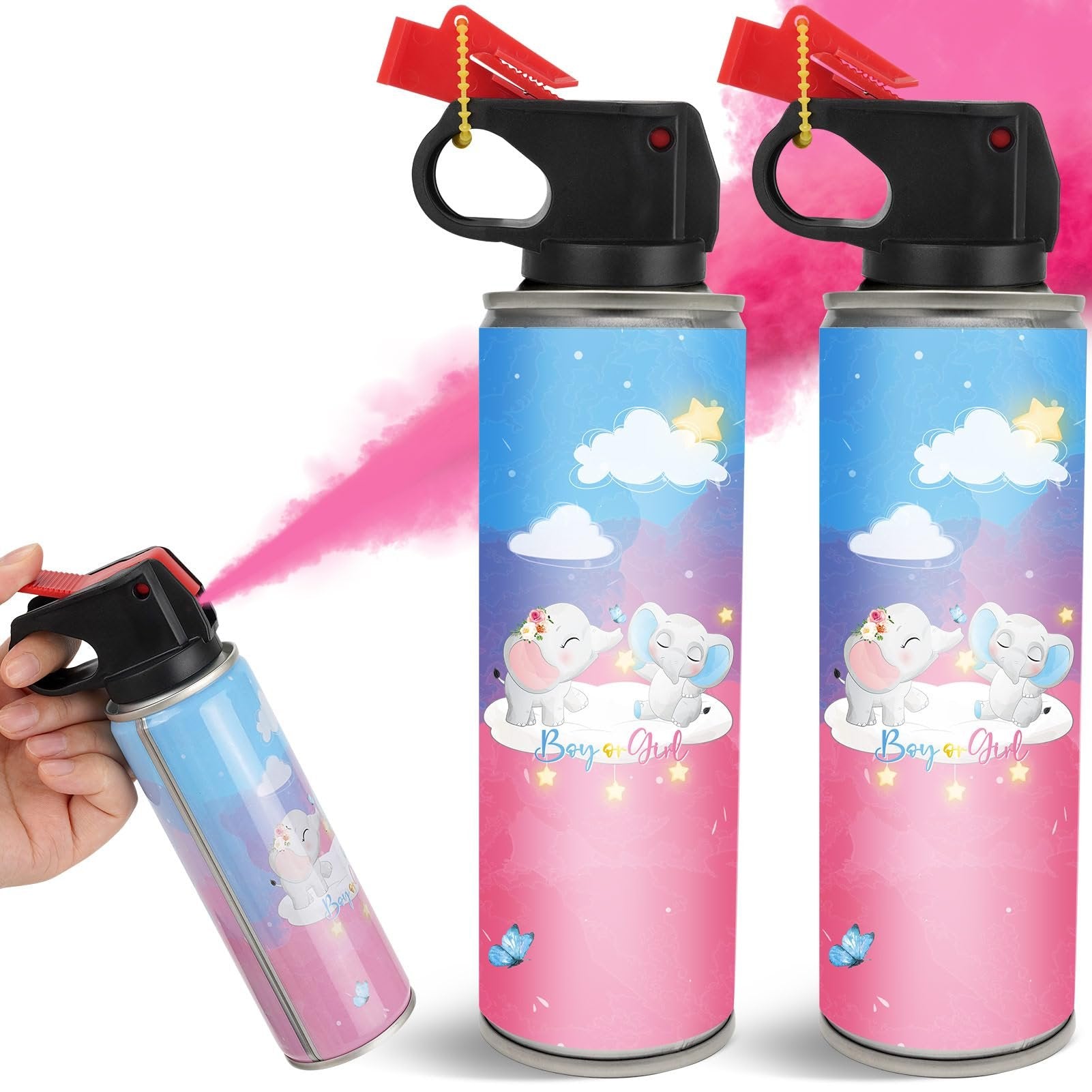 Gender reveal smoke bomb spraying pink powder, with two intact smoke bombs in background.