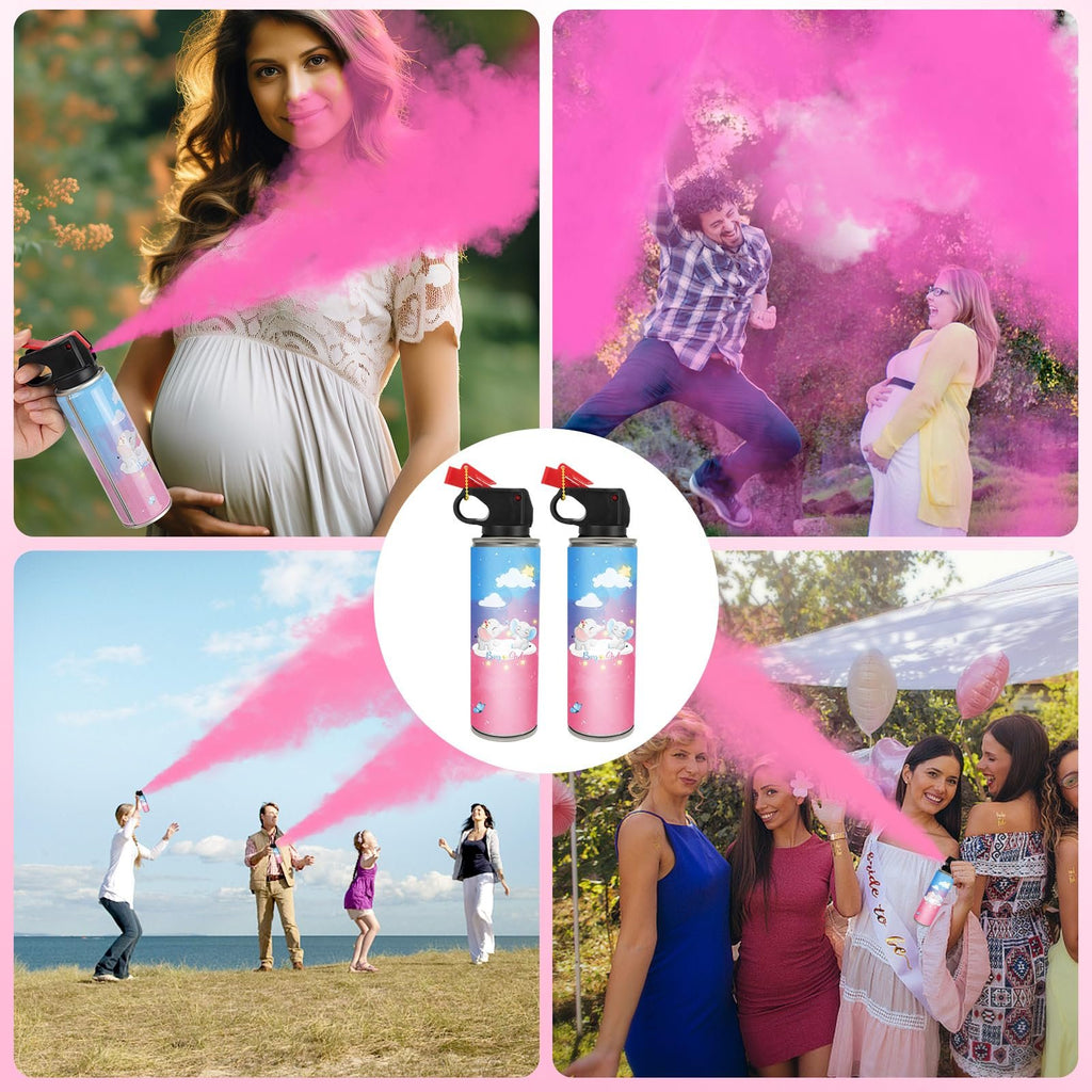Collage of people celebrating with pink gender reveal smoke bombs, including a pregnant woman, couples, and a group of women.