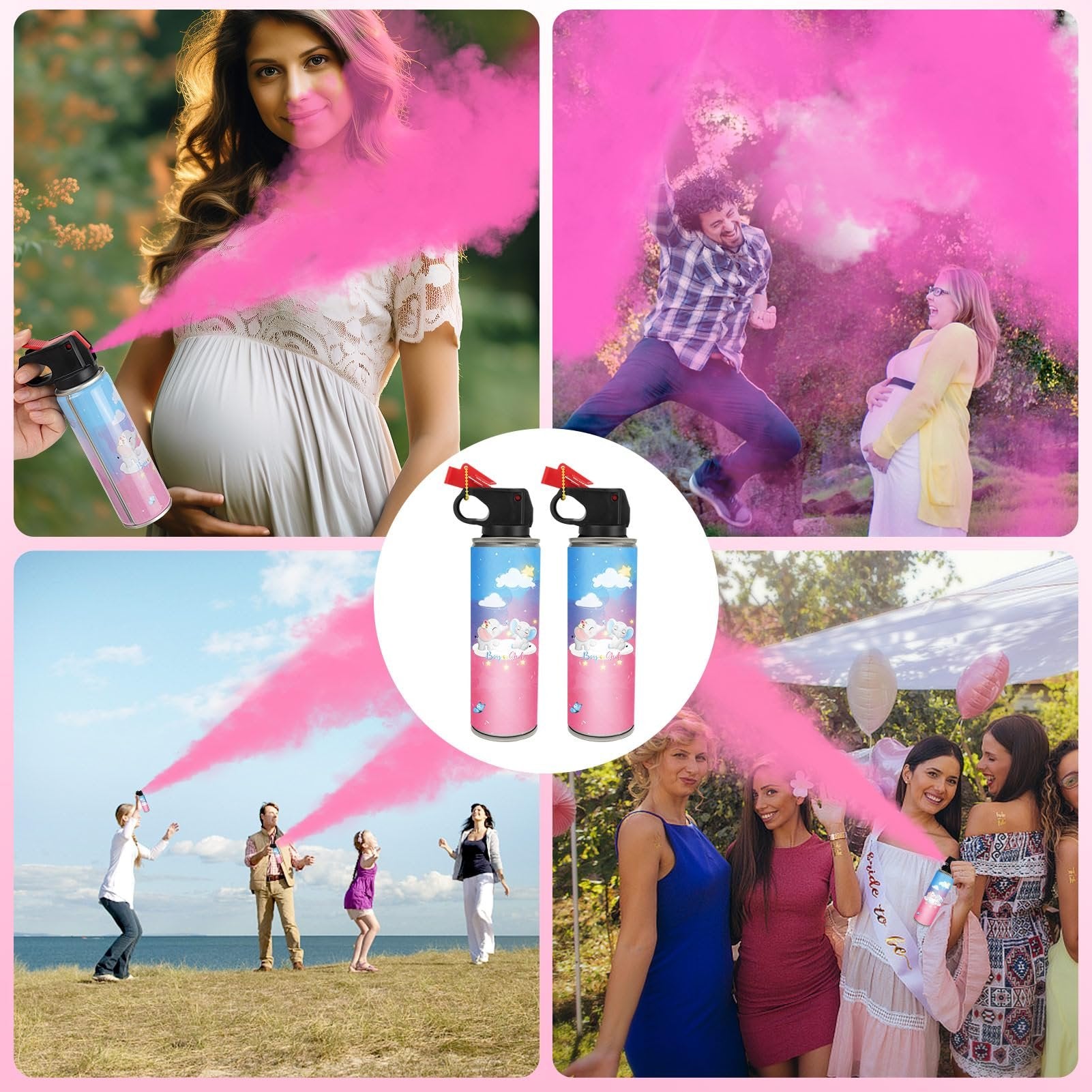 Collage of people celebrating with pink gender reveal smoke bombs, including a pregnant woman, couples, and a group of women.
