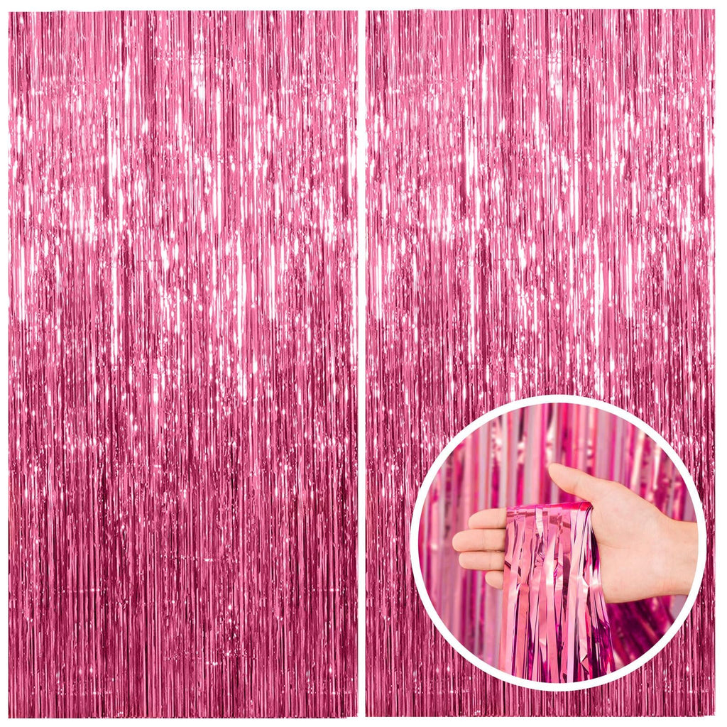 Two pink tinsel foil fringe backdrops, one held by a hand in a circular inset.